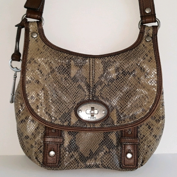 Fossil Handbags - Fossil snake embossed brown leather crossbody  bag